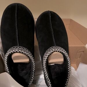 UGG Tasman Black Suede Slip-Ons with White Trim